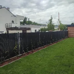 Nowo założony trawnik z rolki przylegający do czarnego ogrodzenia z pnącymi się roślinami, obrzeże wyłożone korą, w tle nowoczesny budynek mieszkalny.