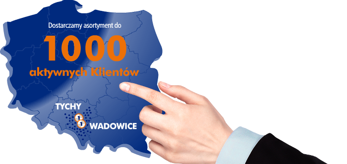 Grafika: Mapa Polski z zaznaczonymi miastami Tychy i Wadowice, hasło 'Dostarczamy asortyment do 1000 aktywnych klientów', wskazująca dłoń w garniturze.