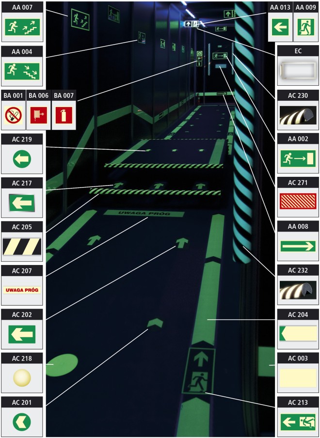 Oznakowanie ewakuacyjne w budynku: zielone strzałki, piktogramy na podłodze i ścianach, informujące o kierunku wyjścia. Elementy systemu bezpieczeństwa w obiekcie.