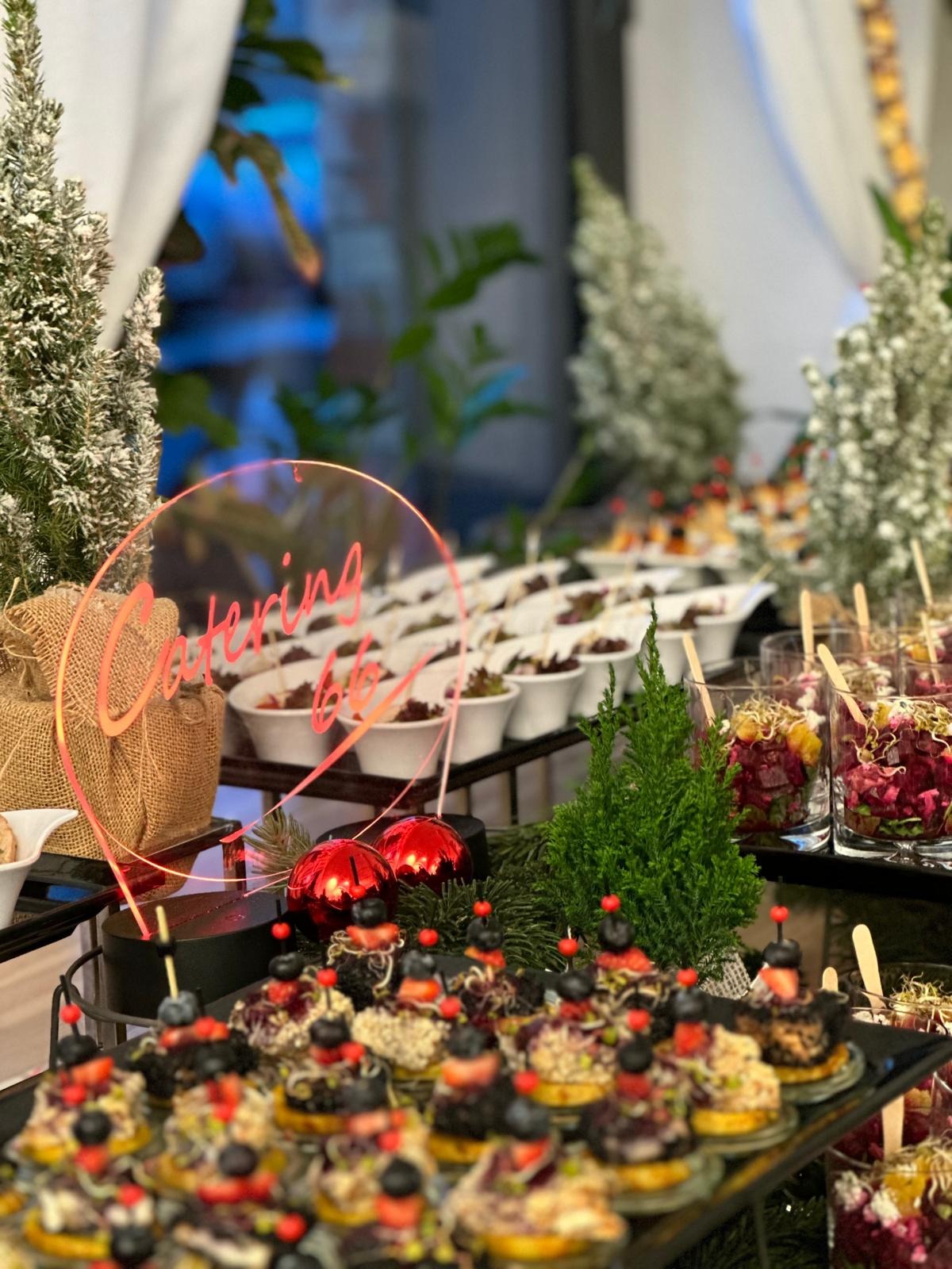 Świąteczny stół cateringowy: kanapki z owocami, sałatki w szklankach i miseczkach, dekoracje z choinek i bombek, podświetlany neon z napisem 'Catering 66'.
