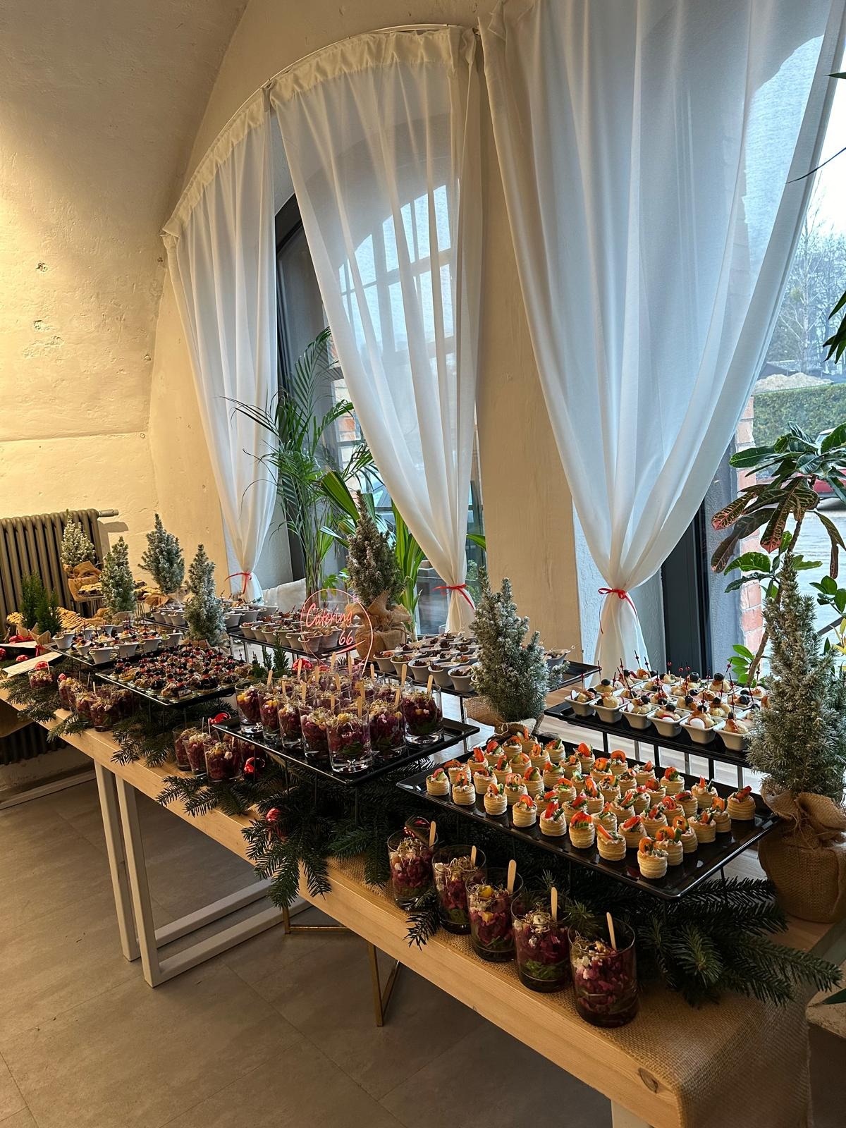 Stół cateringowy z różnorodnymi przekąskami, dekorowany gałązkami choinki i miniaturowymi drzewkami, ustawiony przed oknem z białymi zasłonami.