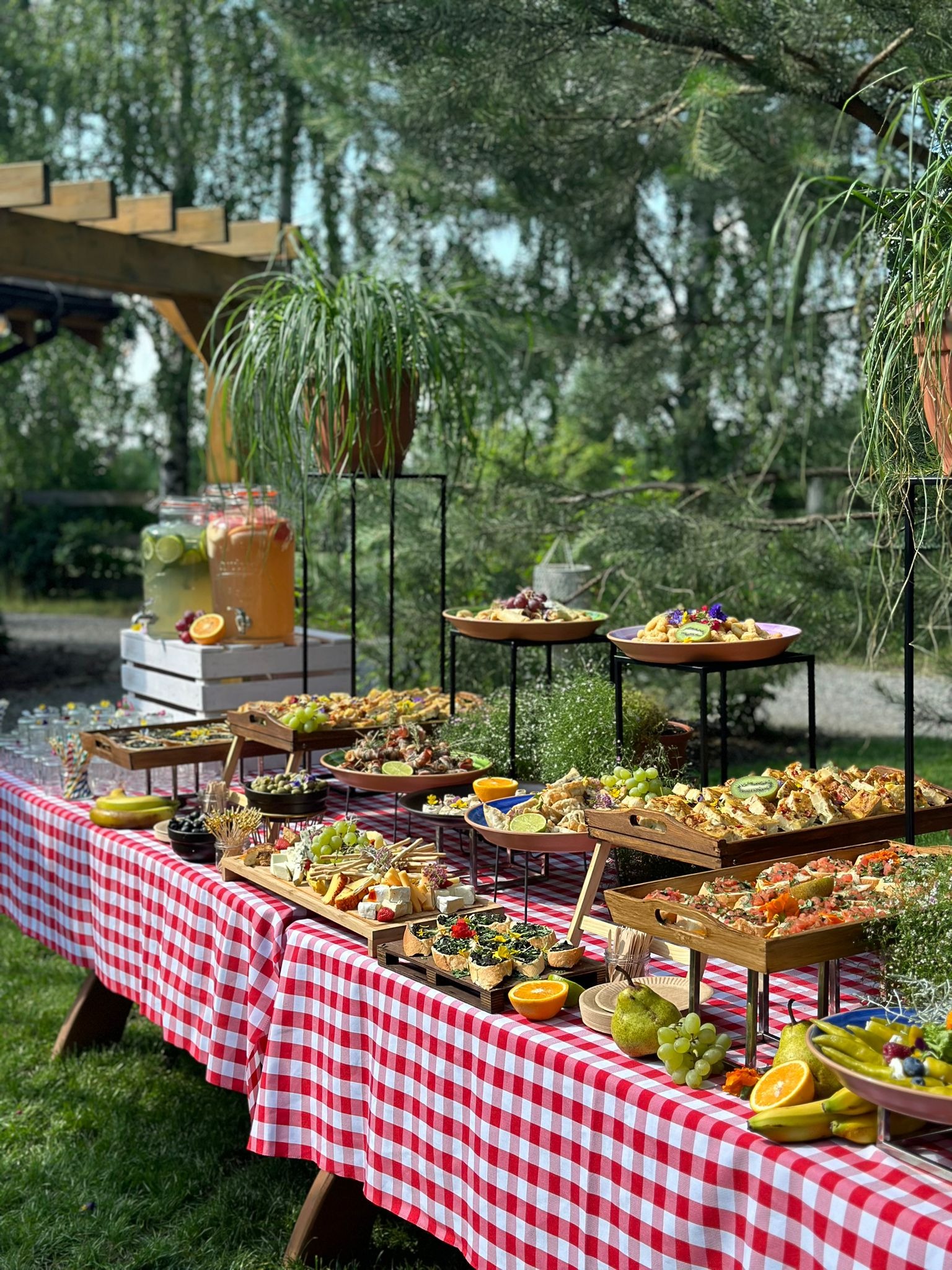 Stół cateringowy na zewnątrz, nakryty czerwoną kratą, z różnorodnymi przekąskami, owocami i napojami w słojach z kranikami, ustawiony na trawie.