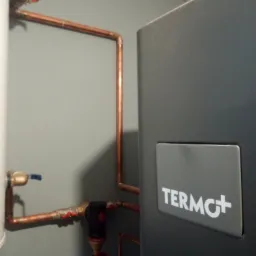 Szare urządzenie Termo+ z miedzianymi rurami i zaworami w Jasieniu, instalacja hydrauliczna w trakcie montażu.