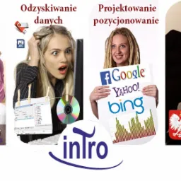 Kompozycja graficzna: usługi IT, odzyskiwanie danych, pozycjonowanie, biegły sądowy IT, logo Intro, elementy komputerowe, osoby, wykresy, symbole wyszukiwarek.
