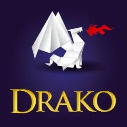 Grafika przedstawiająca origami smoka ziejącego ogniem na granatowym tle z napisem DRAKO w złotym kolorze.