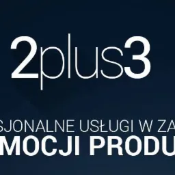 Logo firmy 2plus3 z tekstem 'Profesjonalne usługi w zakresie promocji produktu' na ciemnoniebieskim tle.