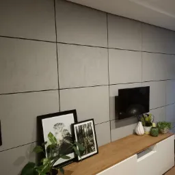 Szara ściana wykończona panelami z mikrocementu z czarnymi fugami, podwieszony telewizor, drewniany blat szafki RTV z dekoracjami: ramki ze zdjęciami, biały wazon i doniczki z roślinami.