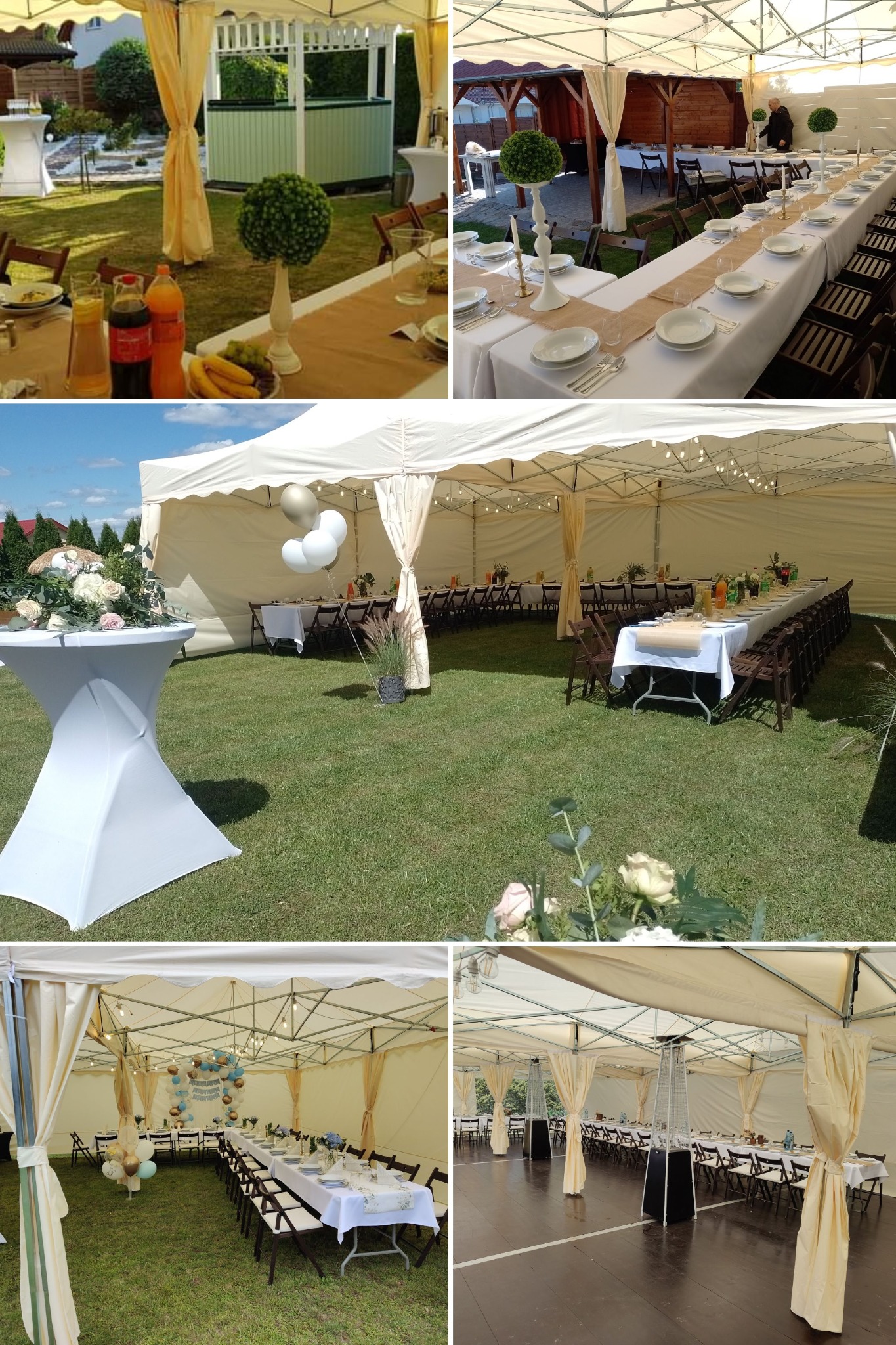 Uroczysty catering plenerowy: biały namiot, stoły z dekoracjami, krzesła. Aranżacja na trawie, detale: kwiaty, balony, oświetlenie. Przygotowania do przyjęcia.