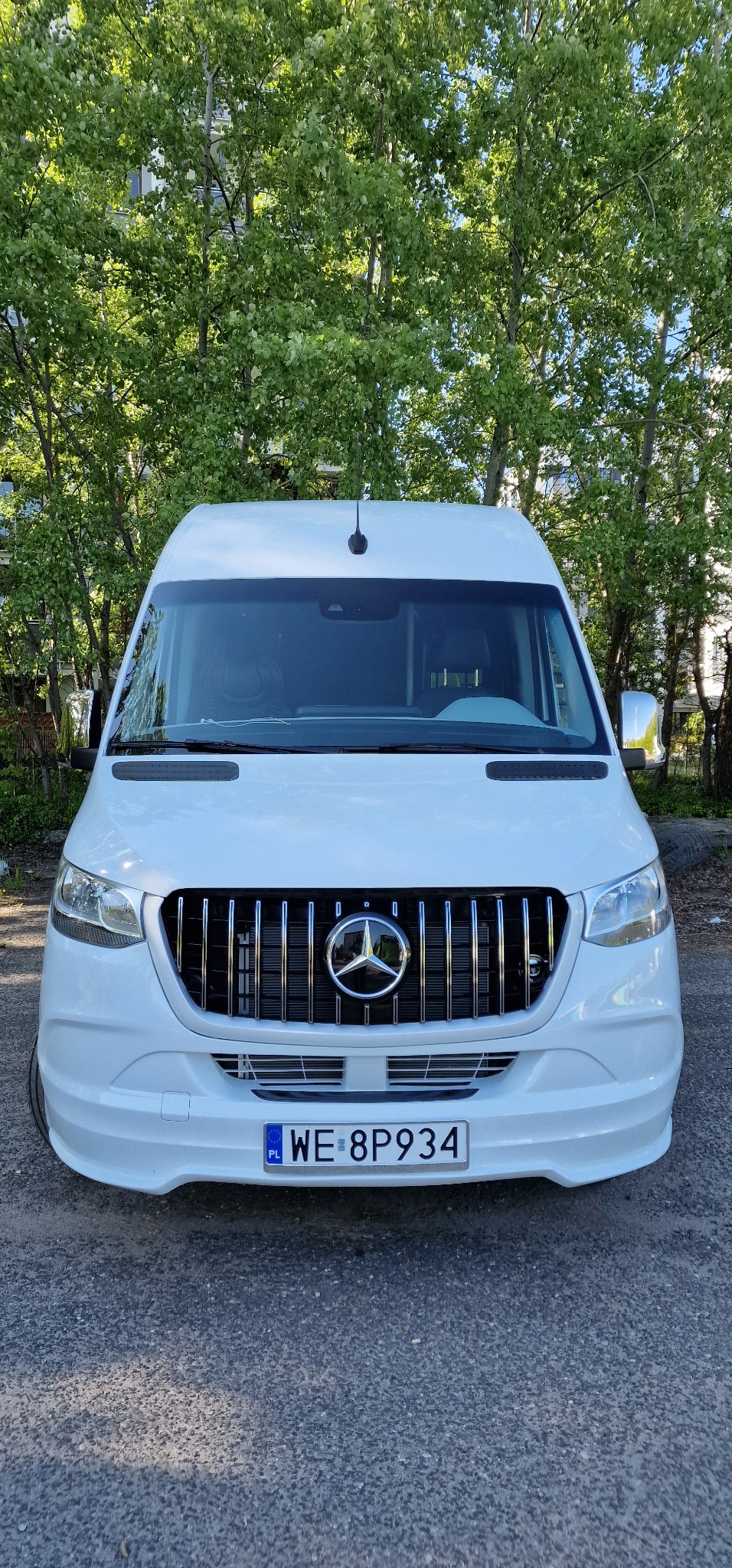 Biały bus Mercedes z chromowaną atrapą chłodnicy i tablicą rejestracyjną WE 8P934 na tle zielonych drzew.