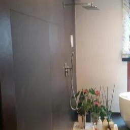 Nowoczesna łazienka z ciemnoszarą ścianą wykończoną płytkami, deszczownicą i białą półką z roślinami doniczkowymi oraz kosmetykami.