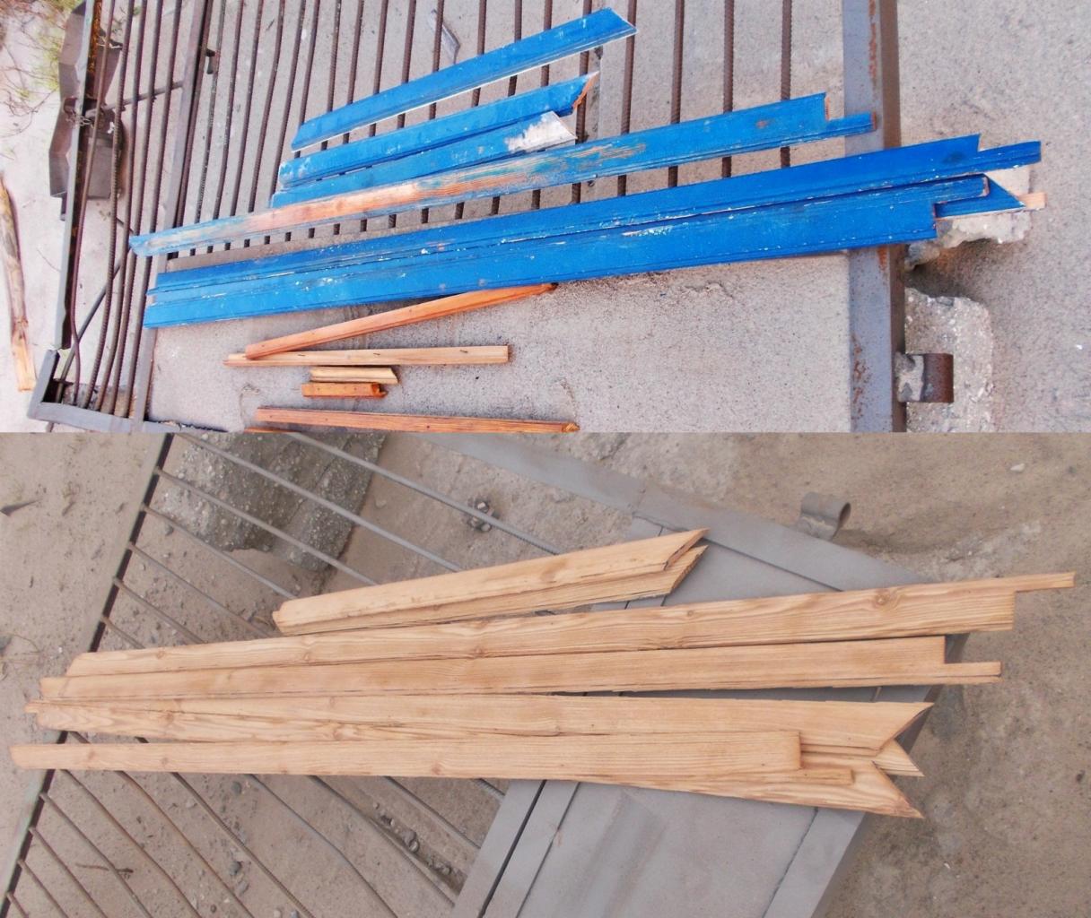Dwie grupy drewnianych elementów: górna z pomalowanymi na niebiesko listwami i naturalnymi fragmentami, dolna z surowymi listwami z wyciętymi zakończeniami, leżące na betonowym podłożu obok...