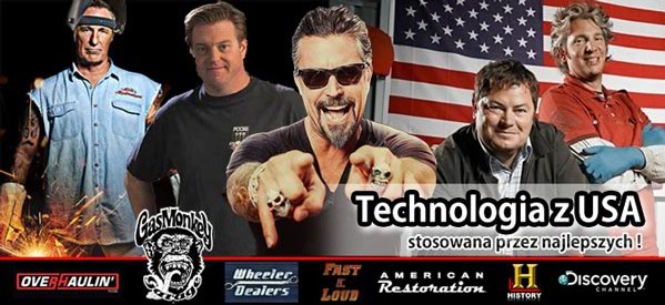 Promocyjna grafika z logo programów motoryzacyjnych, hasłem 'Technologia z USA' i wizerunkami osób. Amerykańska flaga w tle.