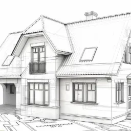 Szkic architektoniczny domu dwukondygnacyjnego z balkonem i poddaszem, nałożony na plan architektoniczny. Widok z perspektywy.