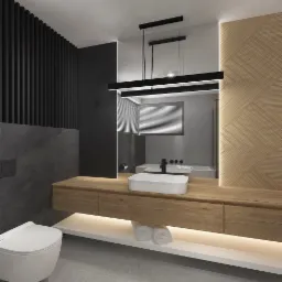 Nowoczesna łazienka z drewnianą szafką pod umywalką, podświetlaną półką z ręcznikami, czarnymi lamelami na ścianie i geometryczną drewnianą okładziną, oświetleniem liniowym oraz białym sedesem...