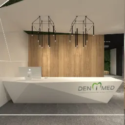 Wizualizacja recepcji w centrum stomatologicznym: biała lada z logo 'DEN i MED', drewniana ściana w tle, designerskie lampy wiszące, komputer na ladzie, roślinność w głębi.