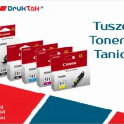 Zestaw fabrycznie zapakowanych tuszów i tonerów Canon PGI-550 i CLI-551 w kolorowych opakowaniach, ustawionych rzędem na białym tle z elementami graficznymi w kolorach czerwonym i niebieskim...