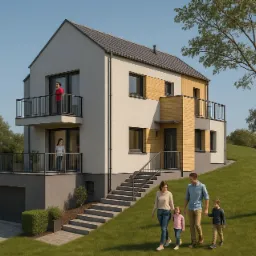 Wizualizacja nowoczesnego domu dwukondygnacyjnego z balkonami, z garażem w bryle budynku. Rodzina spaceruje po trawniku przed domem w słoneczny dzień.