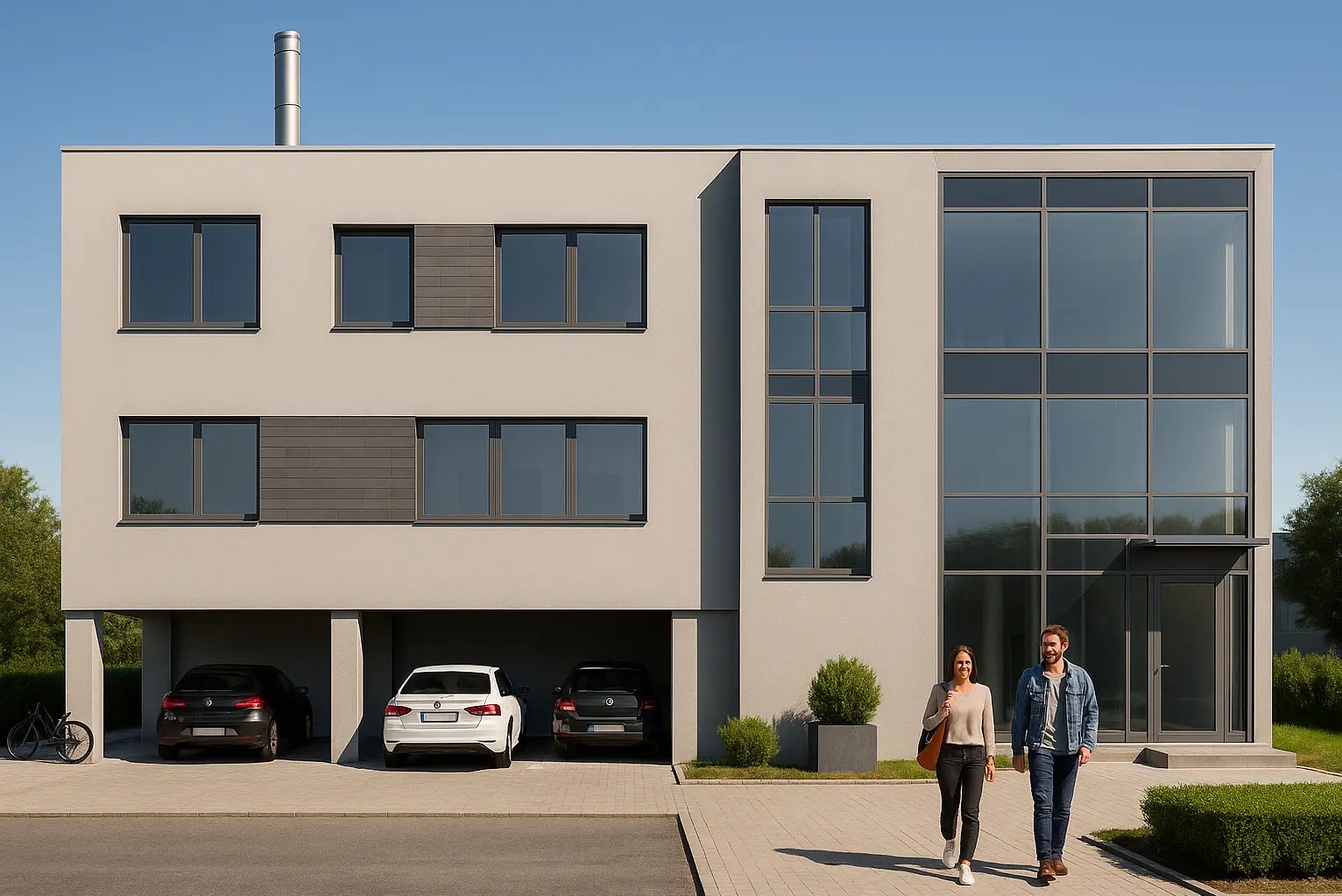 Nowoczesny budynek usługowy z garażami w przyziemiu, duże okna, elewacja w odcieniach szarości. Dwie osoby spacerują przed budynkiem.