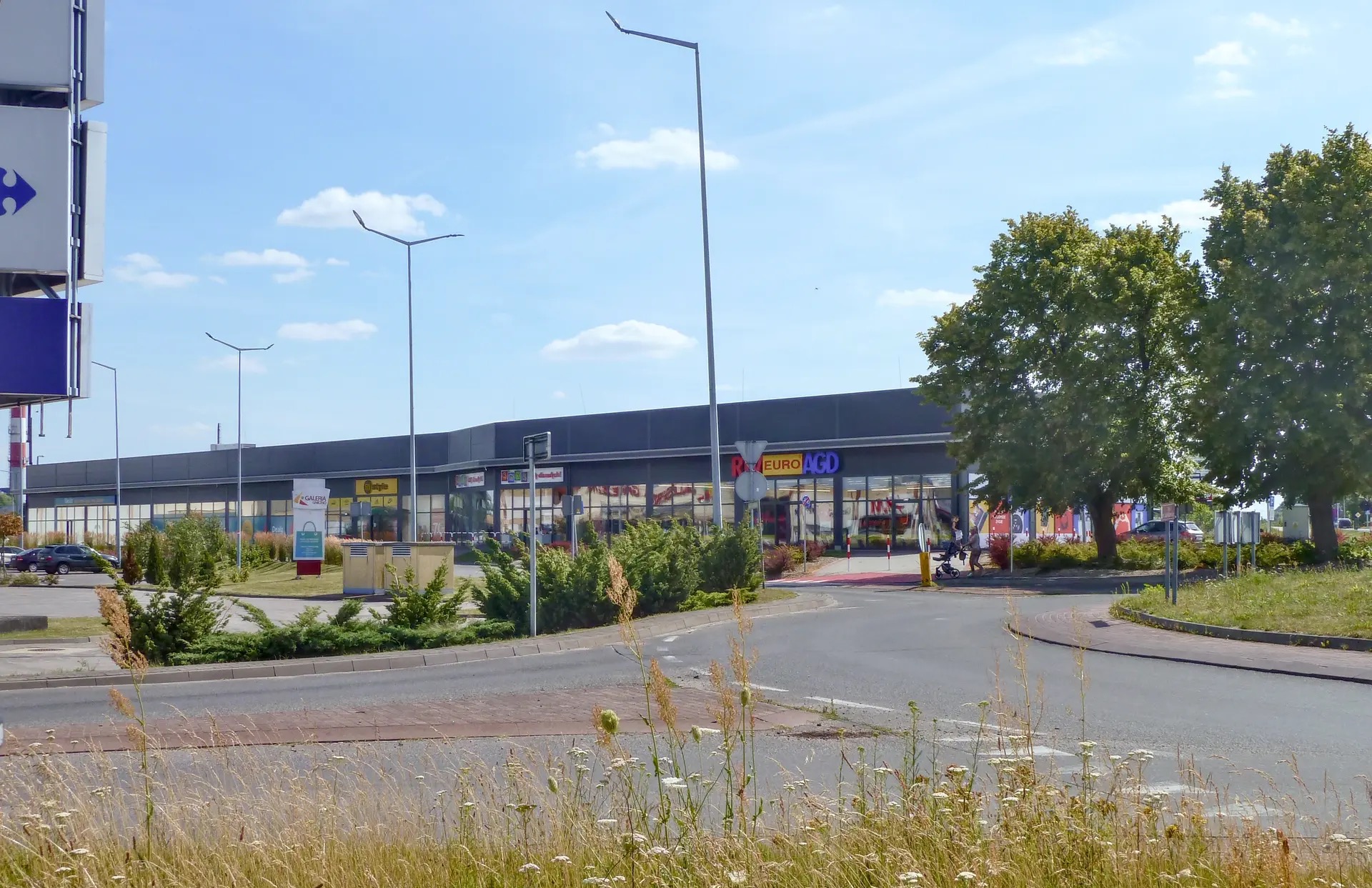Widok na budynek usługowy z parkingiem i zielenią miejską w słoneczny dzień. Widoczne logo sklepów, oświetlenie uliczne i fragment znaku Carrefour.