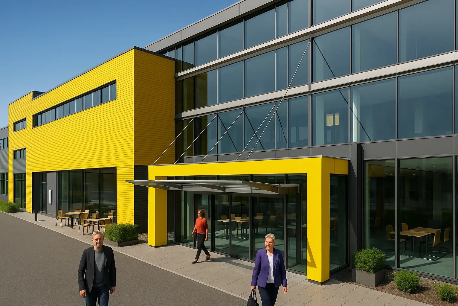 Nowoczesny budynek biurowy z żółtą elewacją i przeszkloną fasadą. Przed wejściem przechodzą trzy osoby. Widoczne stoliki wewnątrz budynku i błękitne niebo.