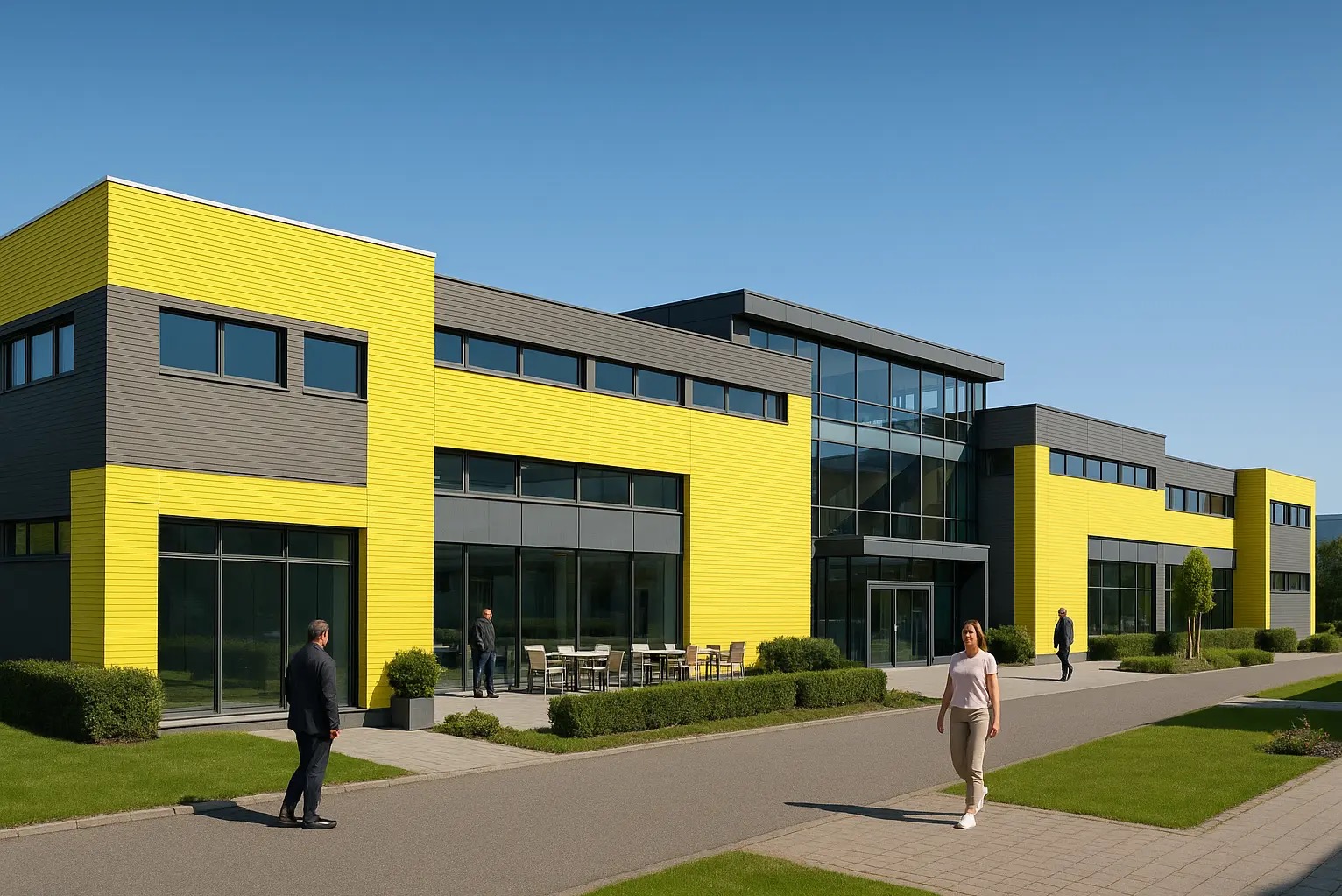 Nowoczesny budynek biurowy z żółto-szarą elewacją, przeszklonymi wejściami i elementami zieleni. Widoczne osoby w otoczeniu budynku.