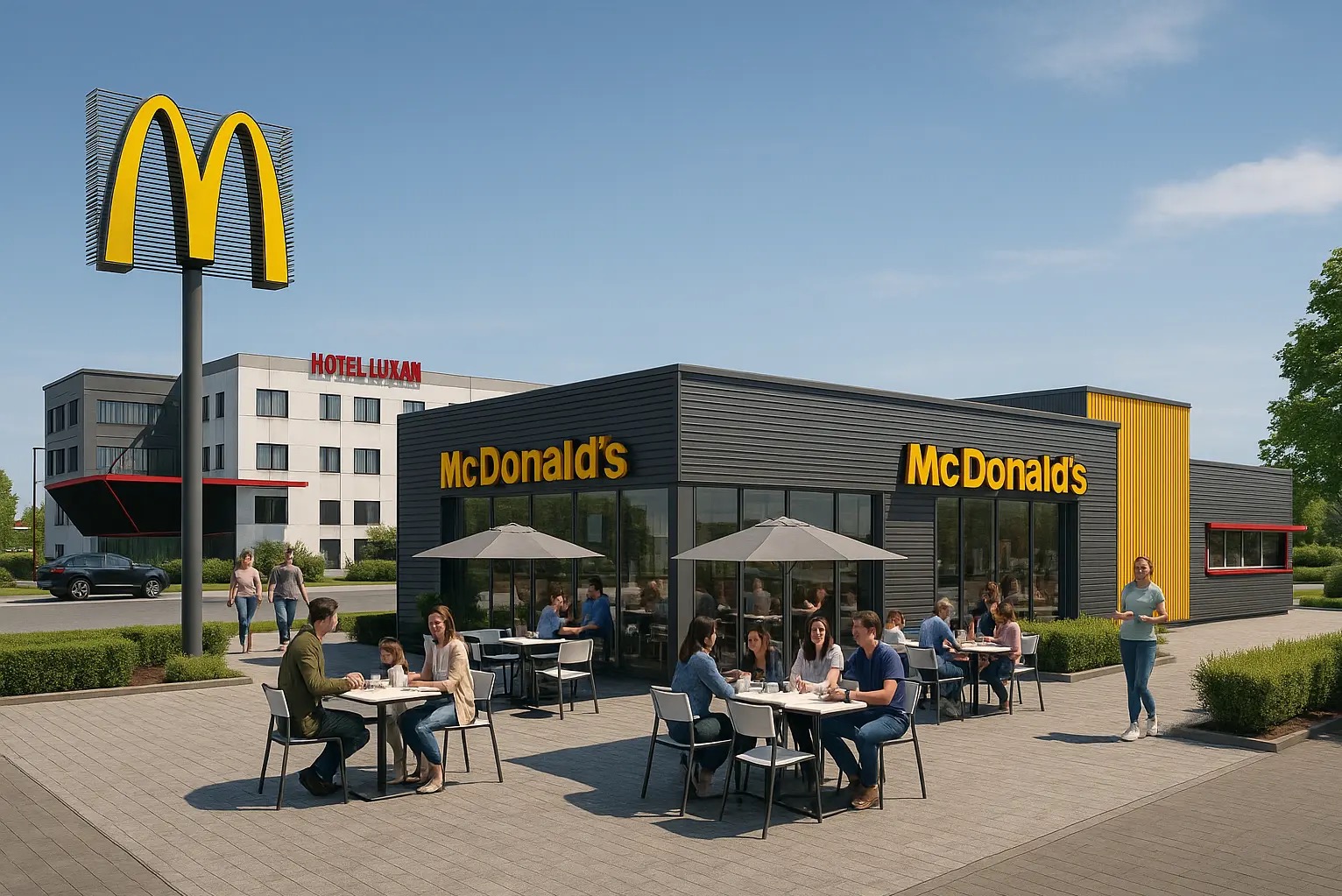 Nowoczesny budynek restauracji McDonald's z zewnętrznym patio, gdzie siedzą ludzie. W tle widoczny Hotel Luxan i charakterystyczny znak McDonald's.