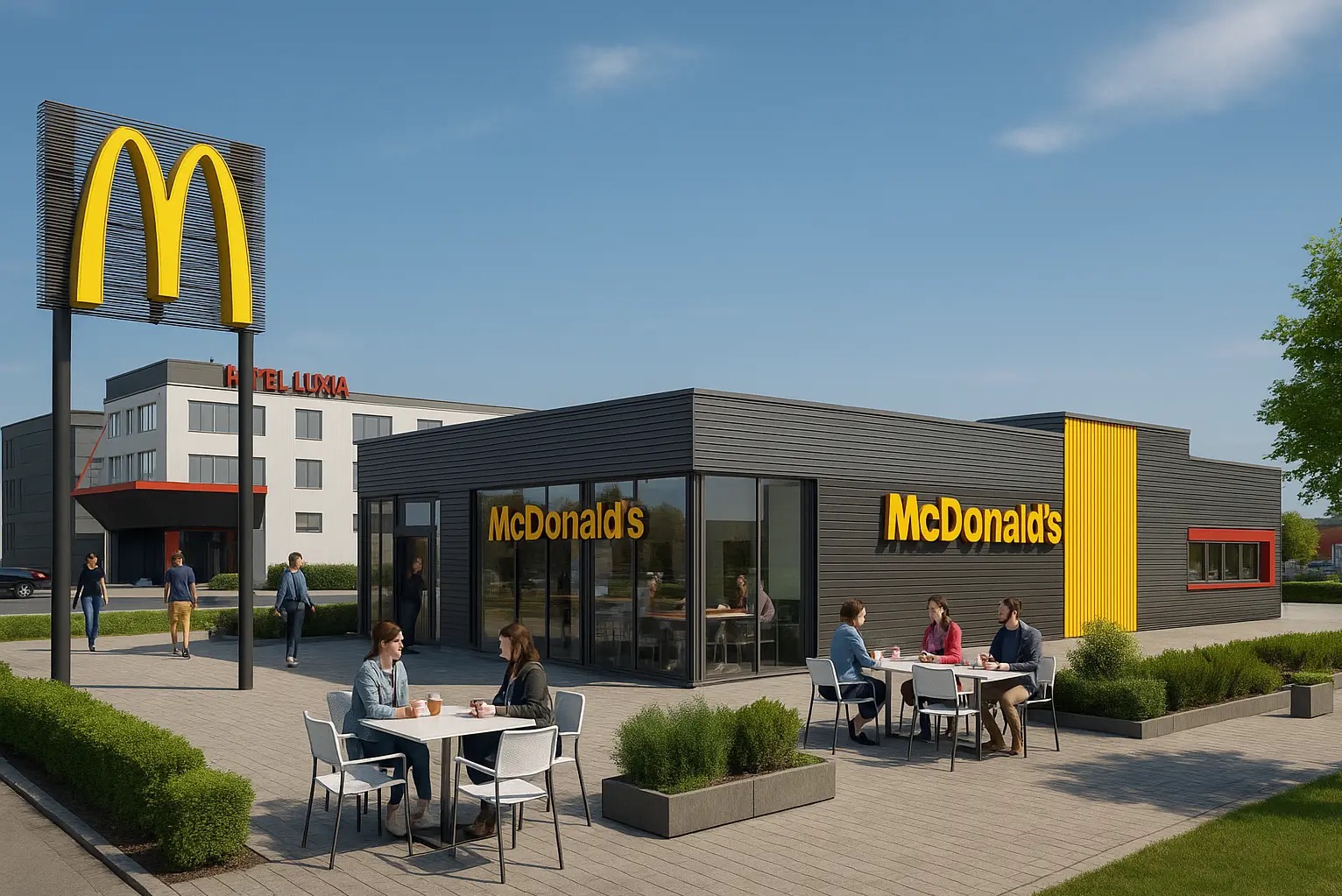 Wizualizacja budynku McDonald's z hotelem w tle, z ludźmi siedzącymi przy stolikach na zewnątrz. Ujęcie z perspektywy przechodnia, w słoneczny dzień.