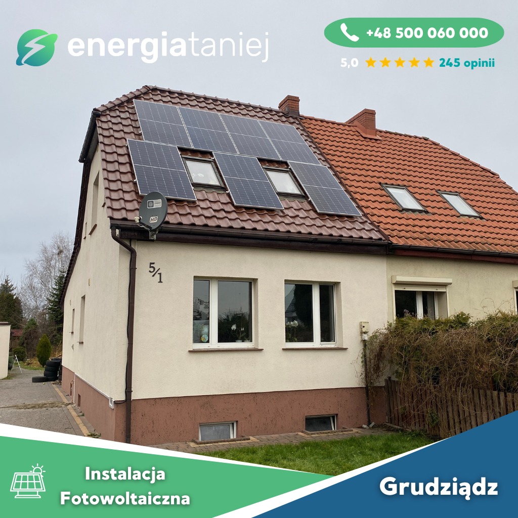 Dom jednorodzinny z panelami słonecznymi zamontowanymi na dachu, widoczne okna dachowe, antena satelitarna na elewacji bocznej, numer domu 5/1.