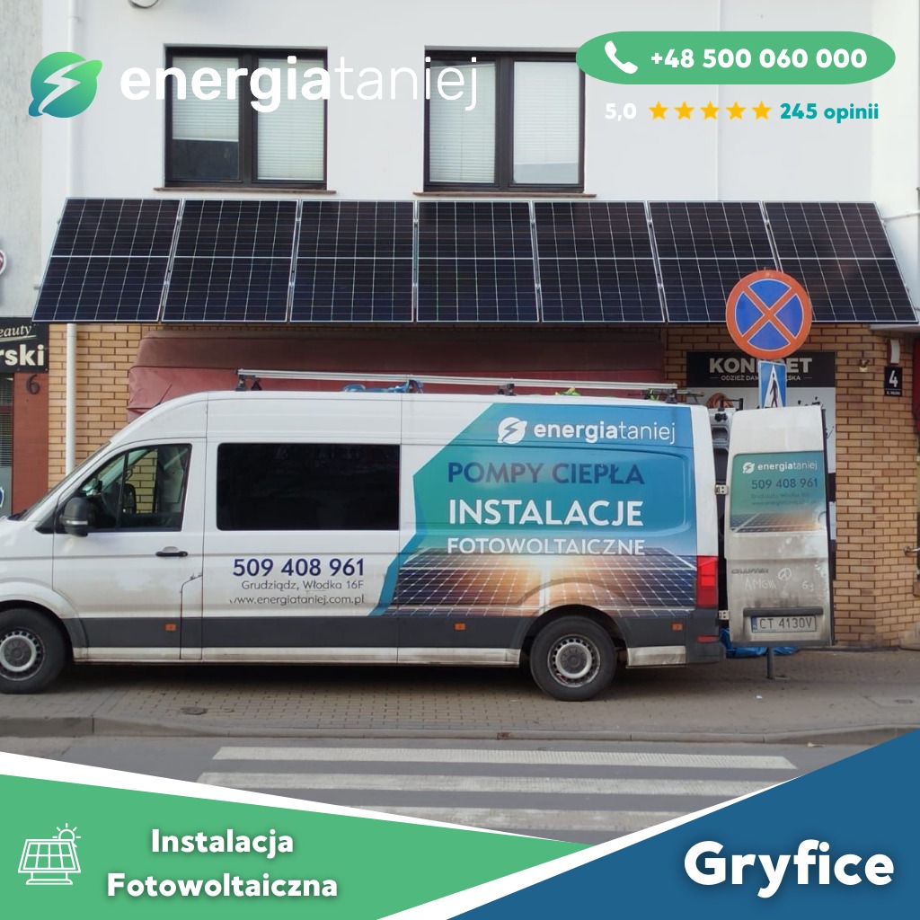 Panel fotowoltaiczny zamontowany nad oknami budynku, poniżej zaparkowany biały van z reklamą firmy instalującej panele, widoczny znak zakazu parkowania.