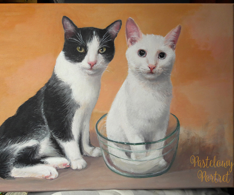 Portret olejny dwóch kotów: czarno-białego siedzącego obok szklanej miski, w której siedzi biały kot, na pomarańczowym tle. Widoczny napis 'Pastelowy Portret' w prawym dolnym rogu.