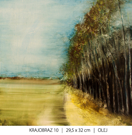 Abstrakcyjny pejzaż olejny przedstawiający drzewa przy drodze, utrzymany w tonacji żółto-zielonej i błękitnej, z widoczną fakturą pędzla.