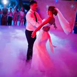 Para młoda tańczy w chmurze sztucznego dymu podczas wesela, goście obserwują, oświetlenie w kolorach różu i fioletu.