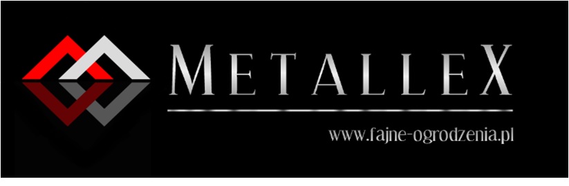Logo firmy Metallex z czerwono-białym symbolem i adresem strony www.fajne-ogrodzenia.pl na czarnym tle. Elegancki, srebrny napis.