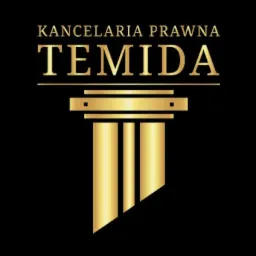 Złote logo Kancelarii Prawnej Temida na czarnym tle, stylizowane na kolumnę.
