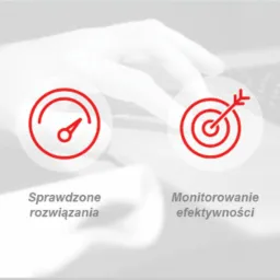 Graficzna prezentacja usług na tle dłoni i laptopa: dopasowane programy, sprawdzone rozwiązania, monitoring efektywności i światowe know-how. Czerwone ikony w kołach.