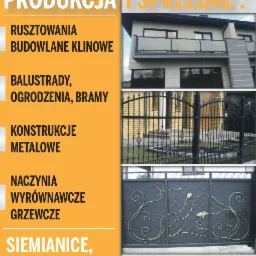 Reklama firmy: balustrady szklane i metalowe, bramy kute, rusztowania klinowe, konstrukcje metalowe. Siemianice, ul. Słupska 24, tel. 501 177 165.
