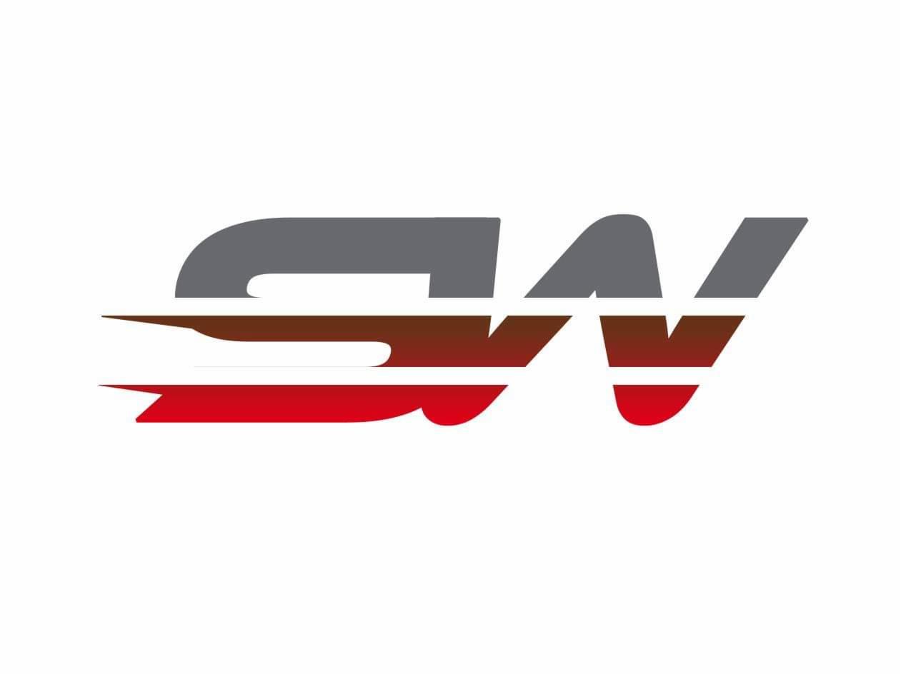 Abstrakcyjne logo firmy z dynamiczną linią w kolorach szarości, brązu i czerwieni, sugerujące ruch i szybkość.