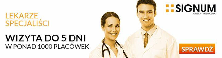 Grafika reklamowa: Lekarze specjaliści Signum Opieka Medyczna, wizyta do 5 dni w ponad 1000 placówek, uśmiechnięci lekarze w białych fartuchach i stetoskopem na szyi.