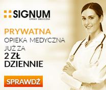 Uśmiechnięta lekarka w białym fartuchu i stetoskopem na szyi, obok logo i reklama prywatnej opieki medycznej Signum.