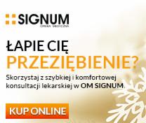 Reklama Opieki Medycznej Signum we Wrocławiu, z hasłem 'Łapie Cię Przeziębienie? Skorzystaj z szybkiej i komfortowej konsultacji lekarskiej'. Widoczny napis 'KUP ONLINE' na pomarańczowym tle.