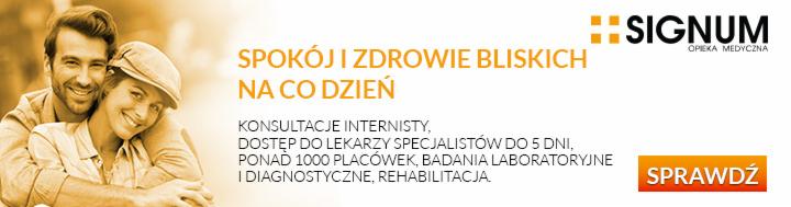 Uśmiechnięta para w objęciach na tle tekstu reklamowego 'Spokój i zdrowie bliskich na co dzień' oraz logo firmy Signum Opieka Medyczna, oferującej konsultacje internisty, dostęp do lekarzy...