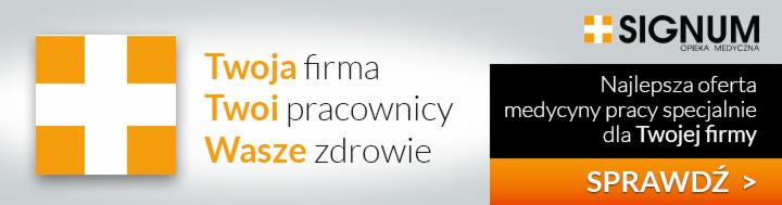 Baner reklamowy Opieki Medycznej Signum z logo, hasłem 'Twoja firma, Twoi pracownicy, Wasze zdrowie' i wezwaniem do działania 'Sprawdź'.