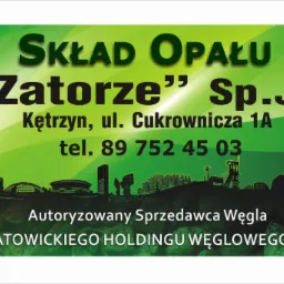 Grafika reklamowa składu opału 'Zatorze' z Kętrzyna. Zielone tło, logo i dane kontaktowe. Autoryzowany sprzedawca węgla Katowickiego Holdingu Węglowego SA.