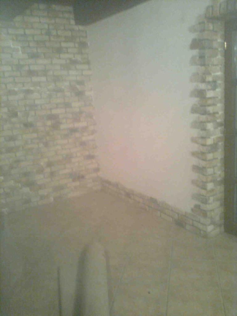 Wykończone wnętrze z dekoracyjną ścianą z cegły i fragmentem ściany pomalowanej na biało. Widoczna podłoga z płytek i fragment drzwi.