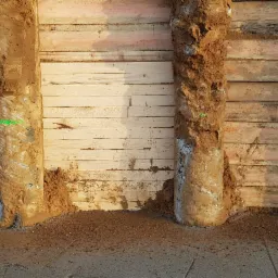 Wykonanie wykopu zabezpieczonego ścianką berlińską z drewnianych bali i stalowych słupów, widoczne ślady ziemi i zielone oznaczenia geodezyjne.