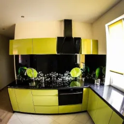 Nowoczesna kuchnia z zielonymi frontami, czarnym blatem i panelem z motywem limonki. Widoczny okap i okno z roletą. Nietypowe, zaokrąglone szafki górne.