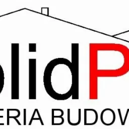Logo firmy SolidPro Inżynieria Budowlana z sylwetkami domów w tle. Napis Solid czerwony, Pro również czerwony, reszta czarna. Minimalistyczny design.