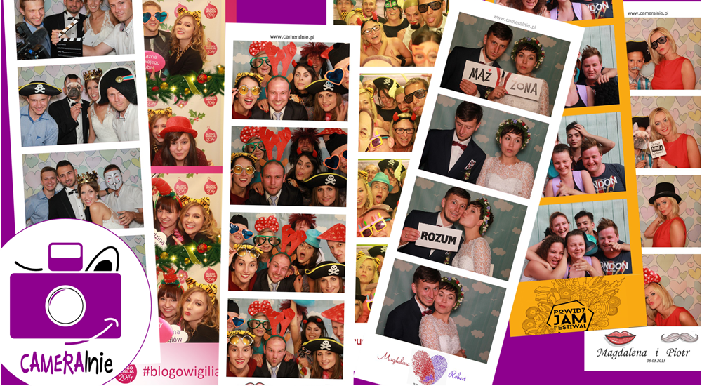 Kolaż zdjęć z fotobudki: pary i grupy osób w przebraniach, rekwizytach i z napisami, wykonane w różnych stylach i na różnych tłach. Radosna atmosfera.