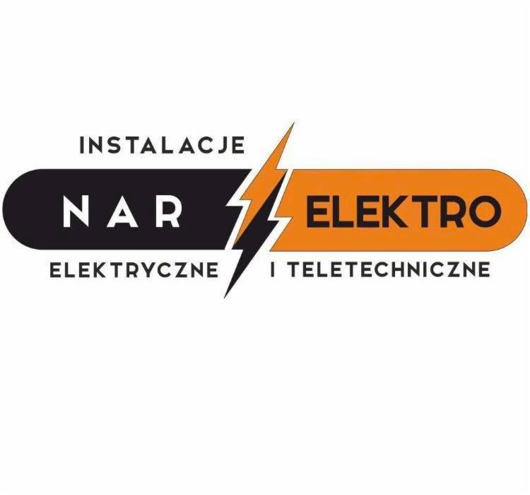 Logo firmy NAR Elektro, oferującej instalacje elektryczne i teletechniczne, z czarno-pomarańczowym znakiem graficznym przypominającym błyskawicę.