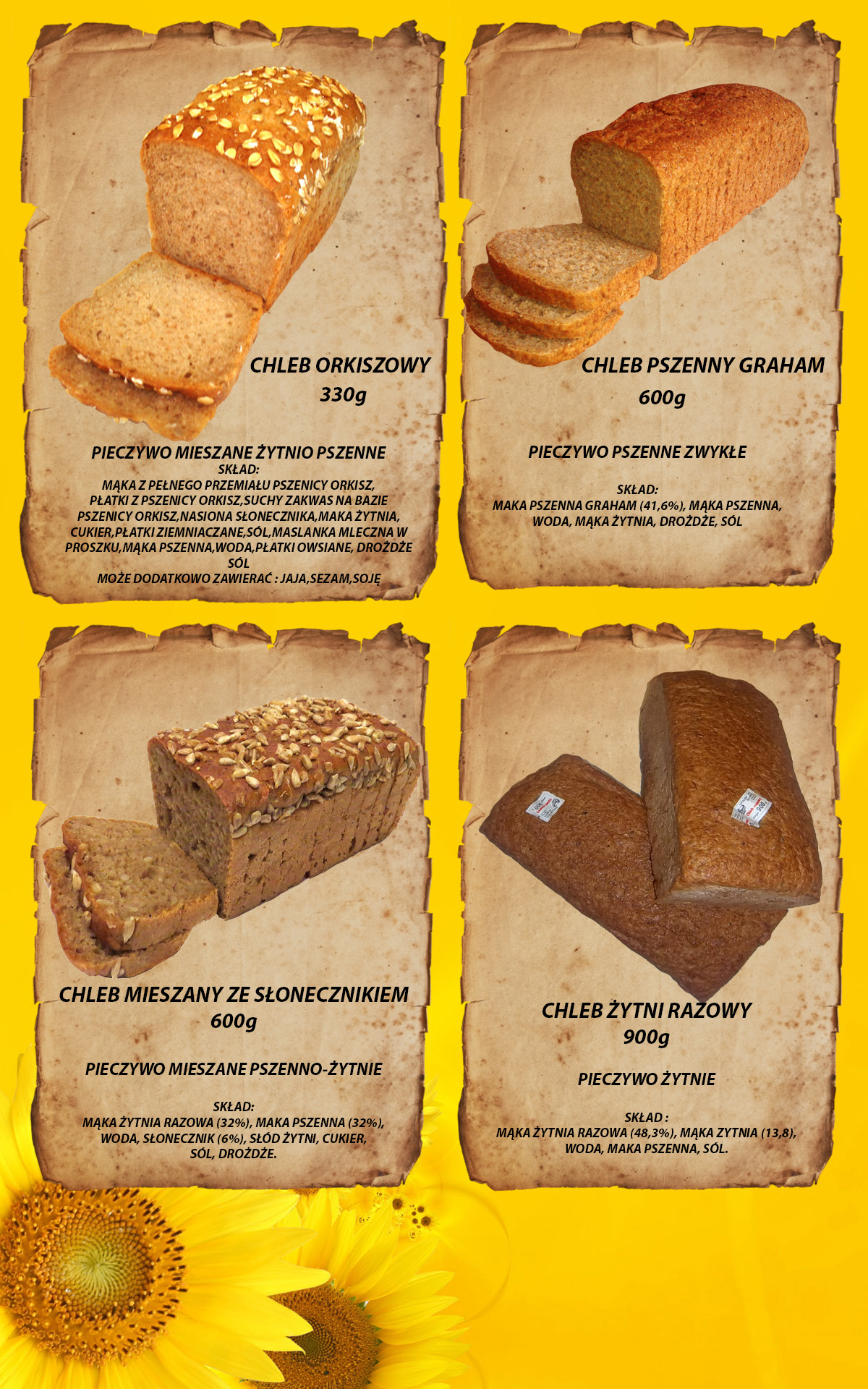 Kompozycja czterech rodzajów chleba: orkiszowy, pszenny graham, mieszany ze słonecznikiem i żytni razowy. Każdy z nich prezentowany z etykietą składu i wagi.